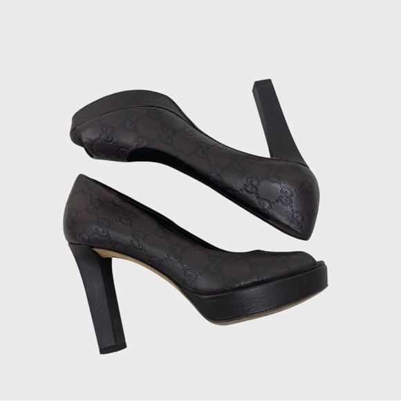 GUCCI Brown Leather Guccissima GG Logo Peep Toe Platform Pumps Size 36 1/2 - Picture 6 of 10